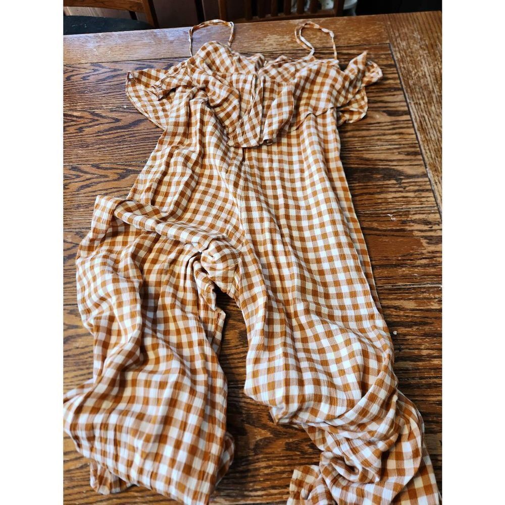 Saylor Laken Jumpsuit Apricot  Ruffle Peplum Gingham Travel Cruise sz Small - Picture 5 of 5